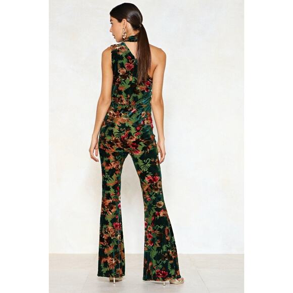 Nasty Gal Hows It Growin Velvet Jumpsuit Flared One Shoulder - 6 - Green - Picture 4 of 5